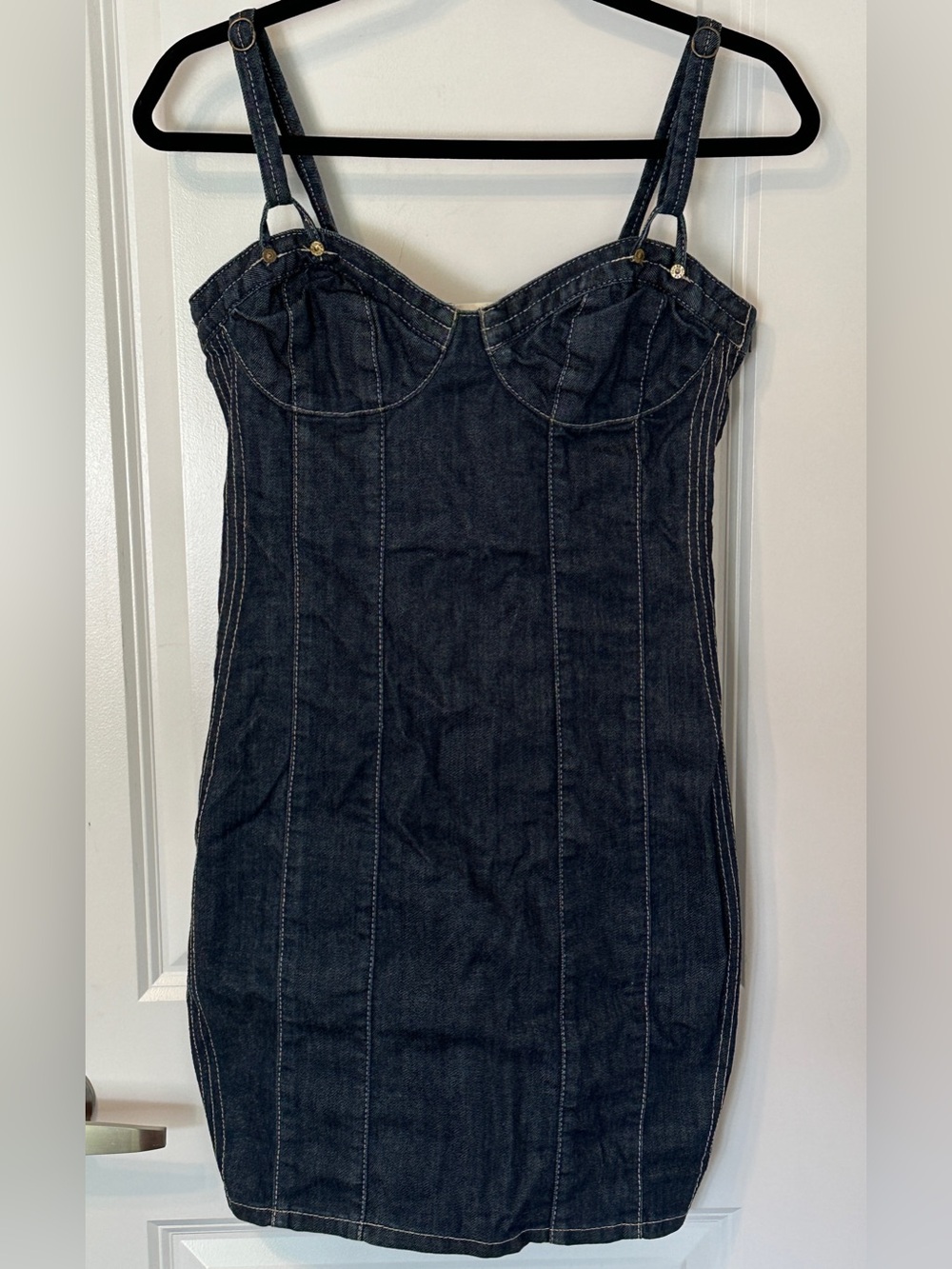 Y2K GUESS women's dark wash denim bustier bodycon mini dress, 9.